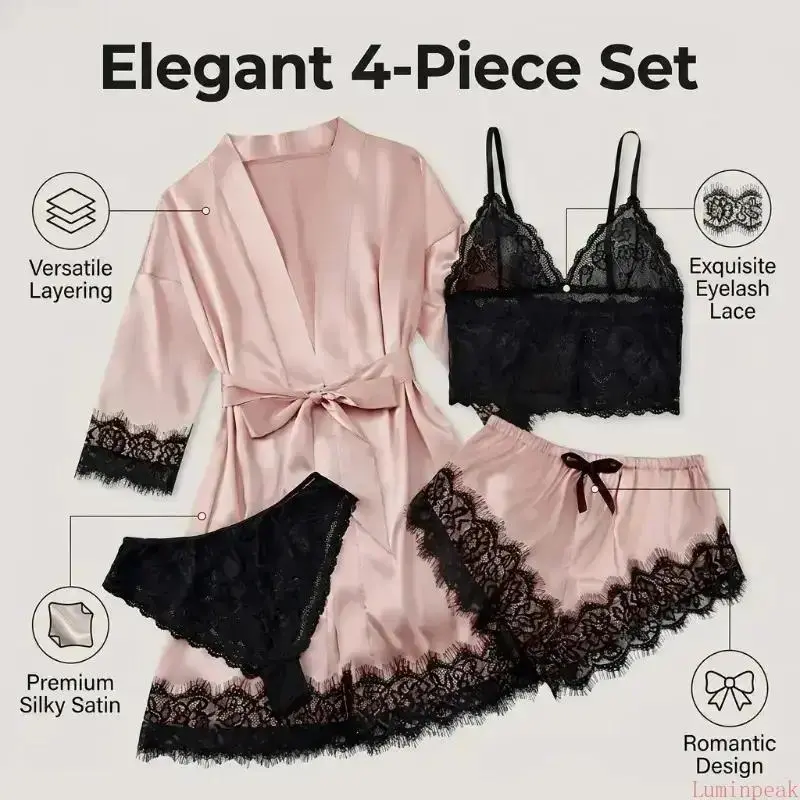 レディース サテンパジャマ4点セット - 半袖、セクシー、柔 - Bathrobe のレビューと価格